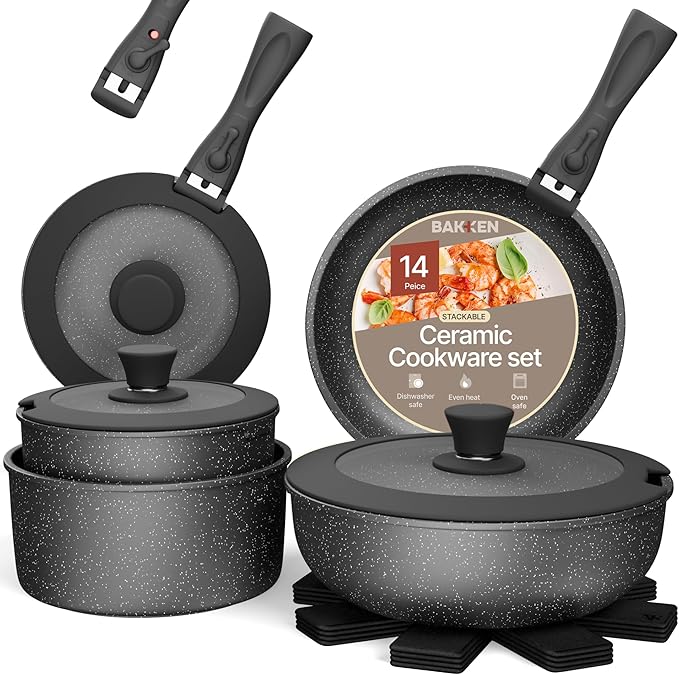 Pots and Pans Set Non Stick Ceramic-Granite ??14-Piece Cookware with Detachable Handles, Stackable Space-Saving, Dishwasher Safe, Oven & All-Stove Safe, Tempered Glass Lids, Black Granite