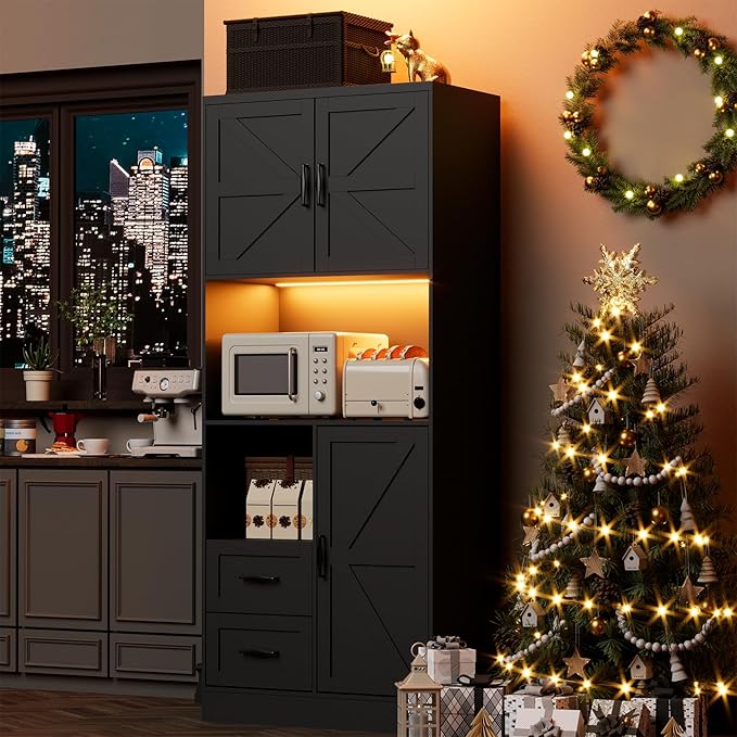 Kitchen Pantry Storage Cabinet with LED Lights and Power Strip, Tall Farmhouse Kitchen Pantry with Barn Doors and Drawers, Adjustable Shelves for Dining Living Room (Black)