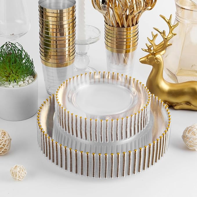 EI 60pcs Clear Plastic Plates with Gold Rim,Disposable Plastic Plates for Party,Fancy Dinner/Dessert Plate Heavy Duty for Wedding,Birthday,Afternoon Tea,Spring,Mother's Day,Valentine's Day,Easter