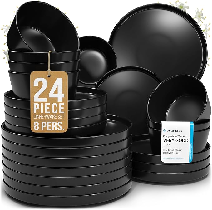 Stoneware dinnerware set 8 persons 24 pcs ??Ultra chic matte black plates and bowls set ??Dishwasher and microwave safe ??Bowl and plate set ??Dinner service Pure Living