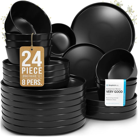 Stoneware dinnerware set 8 persons 24 pcs ??Ultra chic matte black plates and bowls set ??Dishwasher and microwave safe ??Bowl and plate set ??Dinner service Pure Living