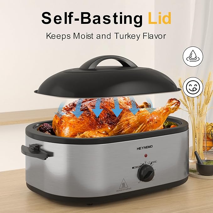 20 Quart Roaster Oven with Self-Basting Lid, Large Electric Turkey Roaster Oven with Defrost & Warm Function, Adjustable Temperature, Removable Pan & Rack, Stainless Steel, Silver