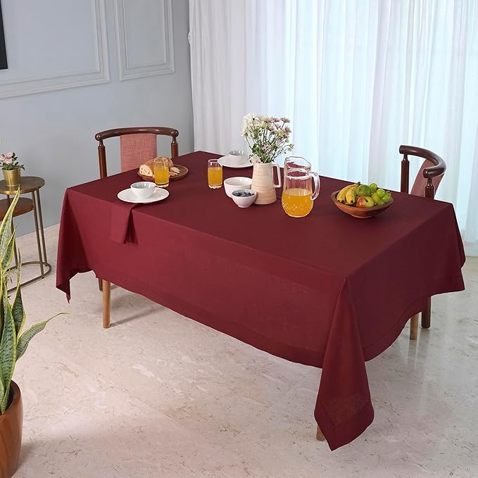 D'Moksha Homes Linen Tablecloth for Rectangle Tables 60 x 132 Inch - 100% Pure Linen Dark Red Table Cloth - Machine Washable Cloth Tablecloth for Valentines, Spring
