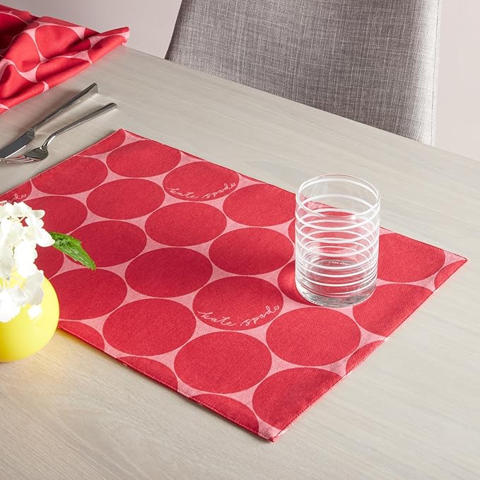 Kate Spade New York Joy Dot Placemats 4-Pack Set, Reversible, 100% Cotton, Machine Washable, Rose Pink/Red, 13"x19"