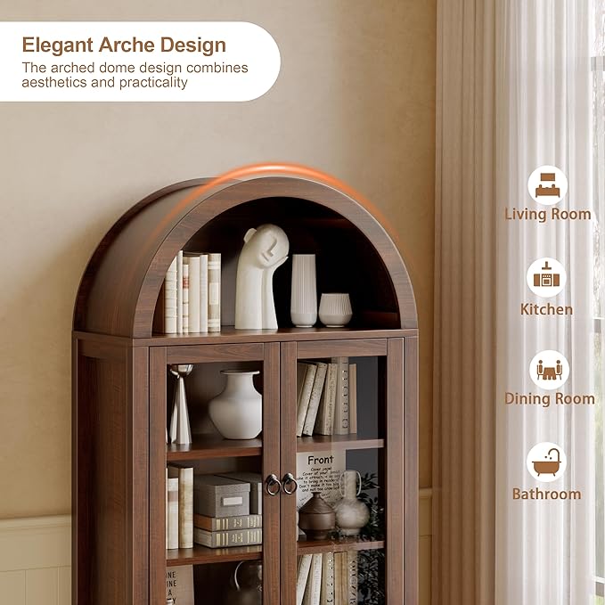 Arched Cabinet, 71" Tall Wooden Storage Cabinet, Arched Bookshelf with Glass Doors and Drawer for Living Room, Kitchen, Dining Room (Brown)