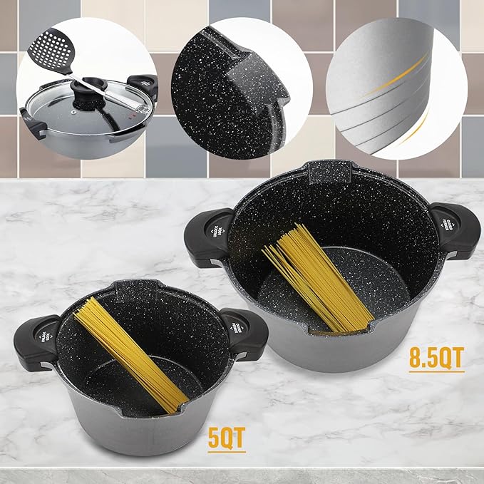 ROSSETTO 5QT Pasta Pot with Strainer Lid, 9.5'' Cast Aluminum Nonstick Multipurpose Stock Pot Spaghetti, Self-Draining Cooking Pot with Insulated Handles for Soup, and Boiling