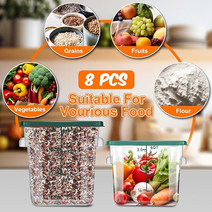 Suclain 8 Pack 4 QT and 6 QT Food Storage Containers with Lids Scales Handles Square Clear Restaurant Food Storage Containers Polycarbonate Commercial Grade for Kitchen Marinating Meat Dough(Green)