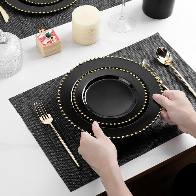 EI 60pcs Black Plastic Plates,Black and Gold Plastic Plates Disposable,Fancy Heavy Duty Plate for Party,Birthday,Anniversary,Wedding,Afternoon Tea,Business Events,Hotel Banquets