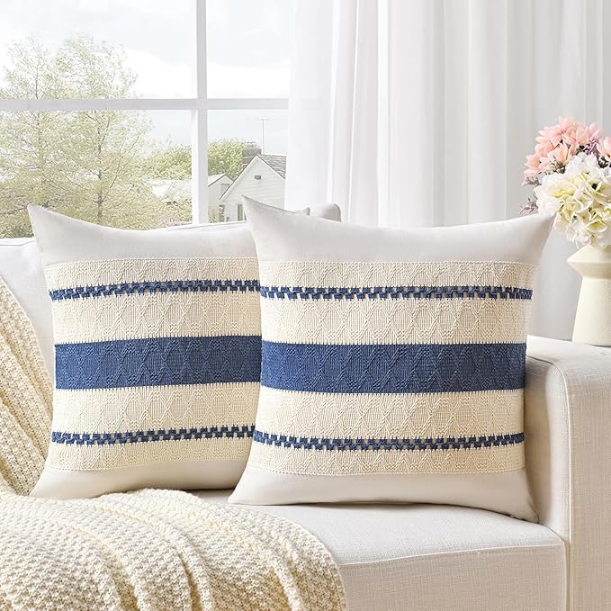 Fancy Homi Set of 2 Dusty Blue Vintage Euro Decorative Throw Pillow Cover 26x26 Inch for Couch Bed Sofa Chair Bedroom, Rustic Retro Square Cushion Case, Modern Farmhouse Boho Living Room Decor Indoors