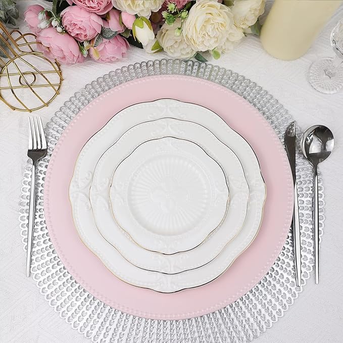 Set of 12 Plastic Pink Charger Plates, Elegant Chargers for Table Dinner Decoration, Wedding, Holiday,13"