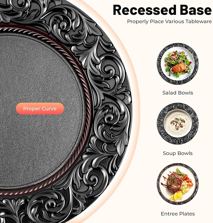 50pcs Black Charger Plates, 13" Round Reusable Classic Bulk Chargers for Dinner Plates, Wedding, Bridal Shower