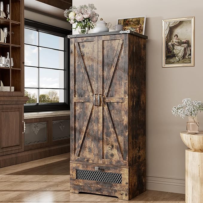 Pantry Cabinet with Adjustable Shelves and Drawer, Kitchen Cabinet Buffet Cupboards Storage for Home Office (Brown, 16" D x 24" W x 55" H)
