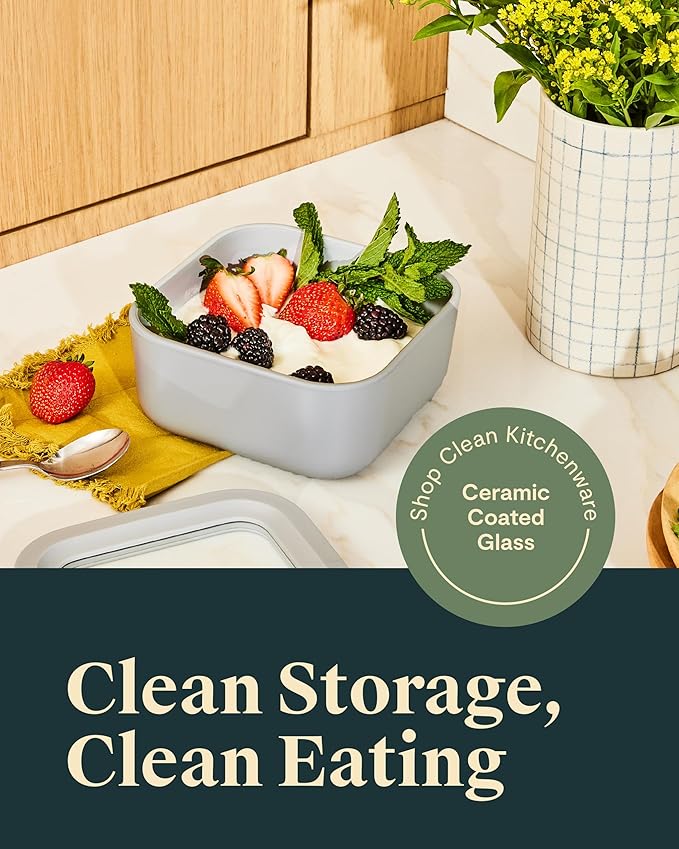 Caraway 6pc Glass Food Storage Set ??4.4 Cup Food Containers (6) - Ceramic Coated - Non Toxic, Non Stick with Lids - Microwave Safe - Sage
