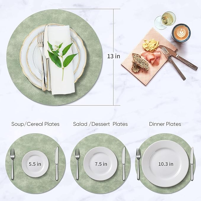 ADRIMER Placemats, Heat Resistant Round Placemats Set of 8 Washable, Waterproof Table Mats, Wipeable Faux Leather Place Mats for Kitchen, Dining Room, Green