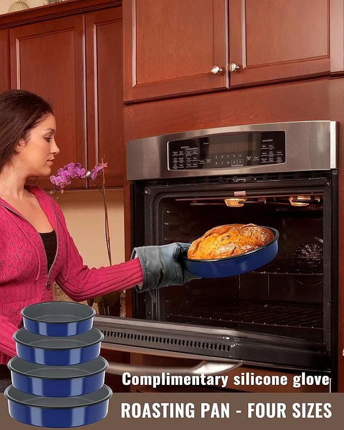 Baking Pans Set Round Roasting Dish 4-Pack 9/10/12/14 Inch Enamel Non Stick Large Bakeware for Cake Bread Pie Pizza Ham Turkey, Non-Toxic Oven Dishwasher Safe Mother's Christmas Gift Cookware