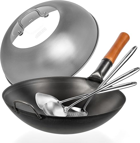 YOSUKATA Carbon Steel Wok Pan - 14 ??Woks and Stir Fry Pans PLUS 17" Wok Spatula and Ladle Skimmer Spoon PLUS Wok Lid 13.6 Inch