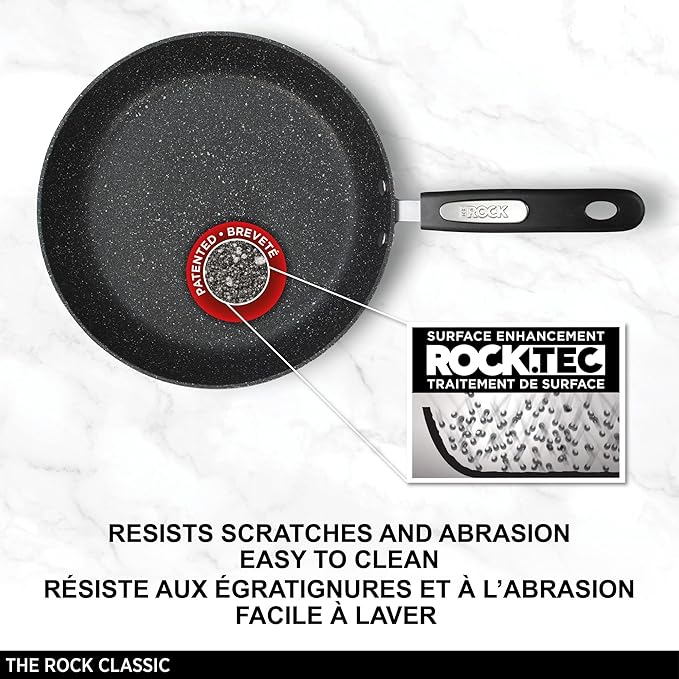 Starfrit The Rock 12'' (30cm) Non-Stick Jumbo Cooker Pan with Lid - Durable Forged Aluminum - Oven Safe - PFOA Free - Easy to Clean - Black