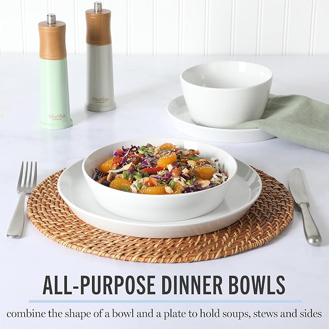 Martha Stewart Selma Chip & Scratch Resistant Dinnerware Set ??White Plates and Bowls, Durable Dishwasher and Microwave Safe Dishes Set for Everyday Use