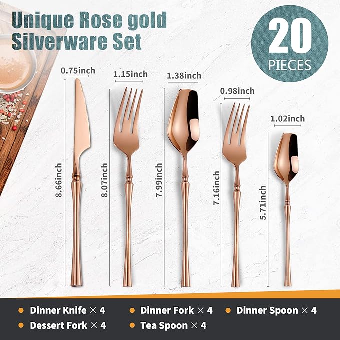 Lemeya 20-Piece Rose Gold Silverware Set for 4,Modern 18/10 Stainless Steel Flatware Set,Unique Rustic Cutlery Utensils Set,Spoon and Fork Set for Home, Restaurant,Mirror Polished,Dishwasher Safe