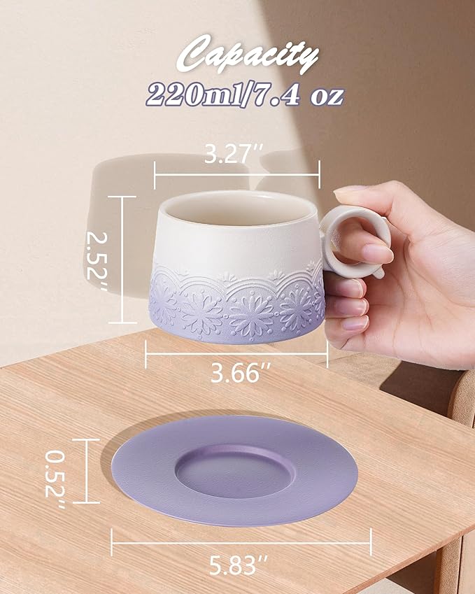 ZENS 7.3 Ounce Cappuccino Cups Set of 2, Artistic Embossed Ceramic Cappuccino Mugs and Saucers, Double Espresso Cups Set of 2 for Au Lait, Cafe Mocha or Matcha Latte or Tea, Pale Purple