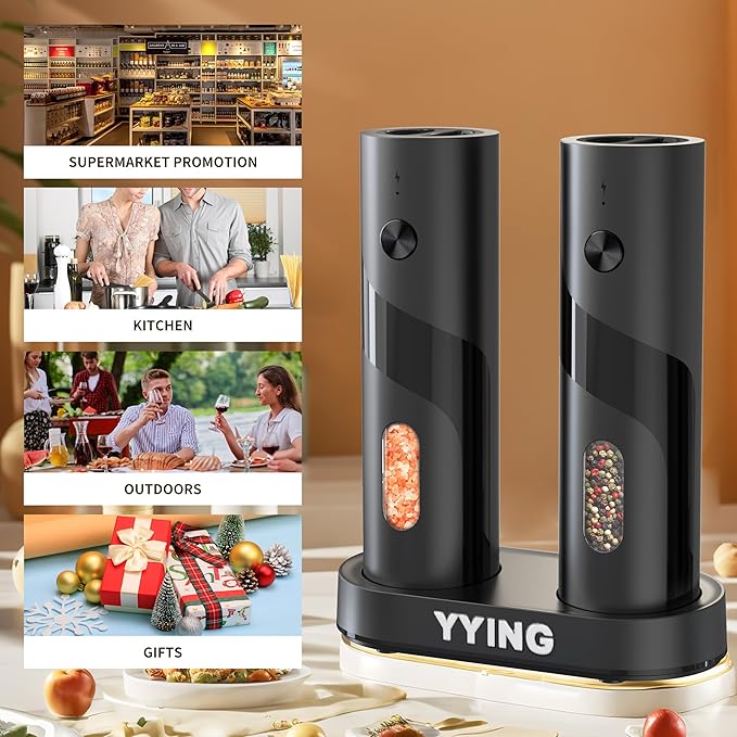 Electric Salt and Pepper Grinder Set, Automatic Pepper Mill Grinder with Charging Base & LED Light, Adjustable Coarseness, Large Capacity, One-handed Operation, for Kitchen, Restaurant, Outdoor