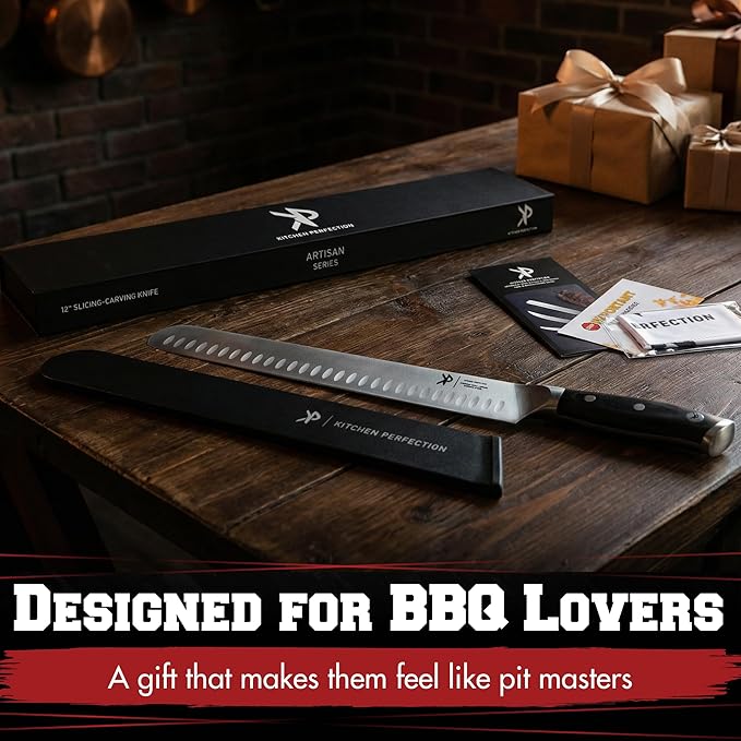 Kitchen perfection 12??Brisket Knife for Carving & Slicing Meat - Ultra Sharp Premium German Steel Granton Edge with Sheath, Full Tang Ergonomic Handle.For BBQ, Turkey & Ribs- Grilling Gifts for Men