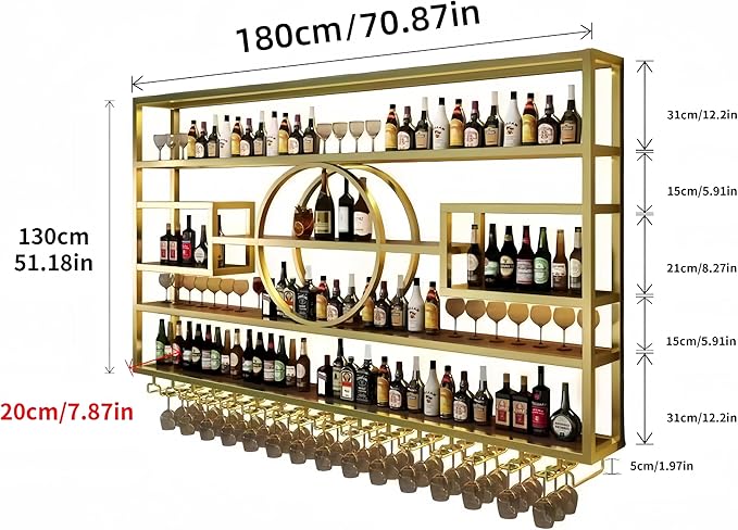 71in Modern Wine Rack Wall Mounted, Metal Wall Bar Shelves for Liquor Bottles with Glass Holder, Multifunctional Wood Bar Shelves Wall Mounted for Home Bar, Dining Room & Kitchen, Gold