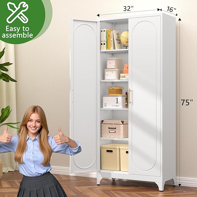 75??Tall Kitchen Pantry Cabinet,Metal Storage Cabinet with Doors and Adjustable Shelves,Modern Kitchen Hutch Cabinets,Freestanding Cupboard for Dining Living Room