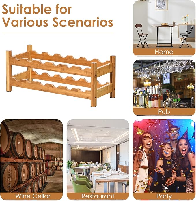 COSTWAY Wine Rack, Bamboo 12 Bottles 2-Tier Wine Display Rack for Countertop Home Kitchen Pantry, Freestanding Wine Storage, Rack Tabletop Wine Rack, Bar, Pantry, Cellar, Nature (24.5L x 9.5W x 10H)