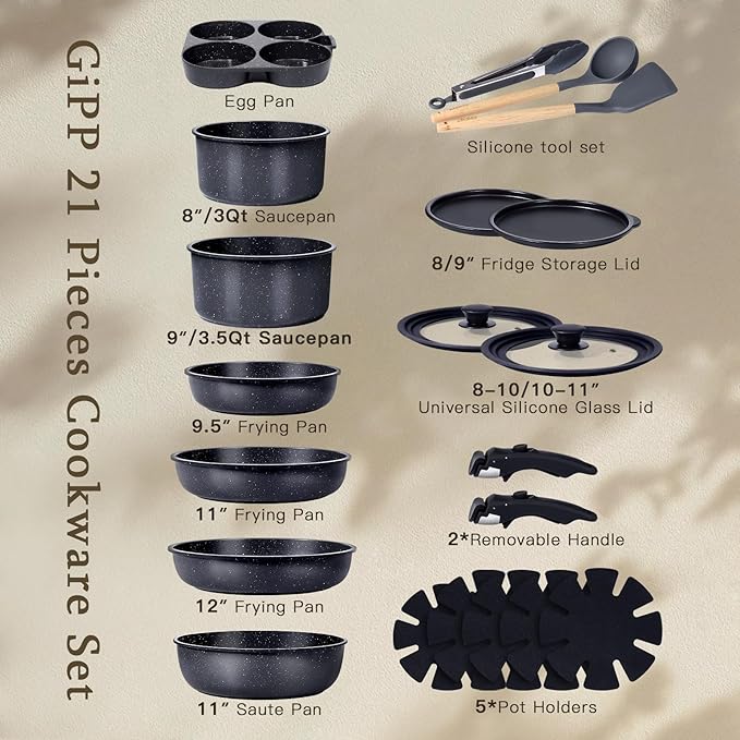 GiPP Ceramic Pots and Pans Set Non Stick, Nonstick Detachable Handle Cookware Sets, Healthy Non Toxic PFAS PFOA & PTFE Free, Dishwasher 竊냀ven Safe, Induction Kitchen Pot and Pan, 21 Piece Grey