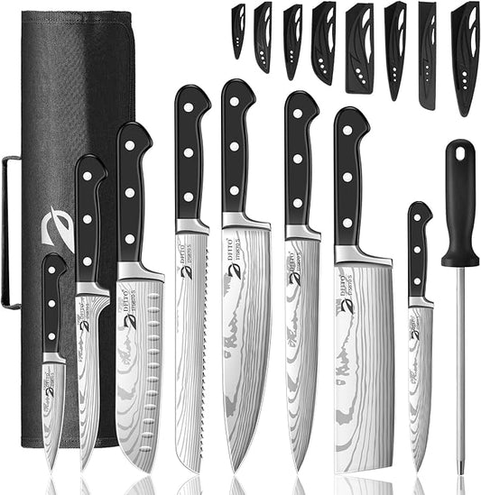 Dfito Chef Knife Set with Roll Bag, 9 Piece Professional Stainless Steel Japanese Kitchen Knife Set with Ergonomic Handle for Professional Chef, Dishwasher Safe, Camping, Travel, BBQ, RV or Gift Black