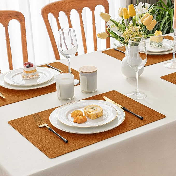Romanstile Vinyl Placemats Set of 6-12 X 17 Inch - Heat Resistant Place Mats 100% Waterproof Oilproof Wipeable Reversible Faux Leather Table Mats for Kitchen, Dining, Party, Outdoor, Orange