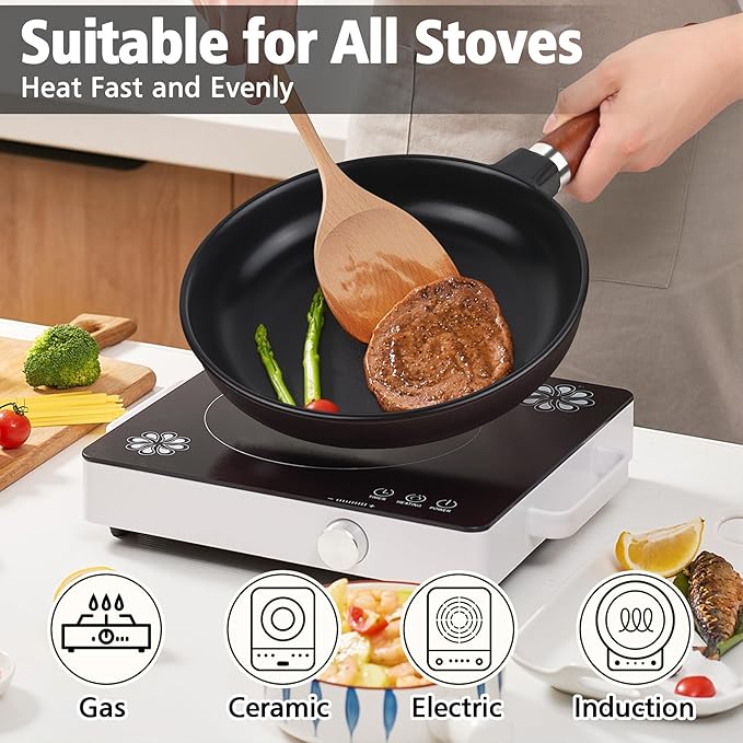 10-inch Pure Ceramic Frying Pan Skillet - Non-Toxic, PFOA/PFAS/PTFE Free, No Chemical Coating - Healthy Cooking - Solid Wood Handle (Black)