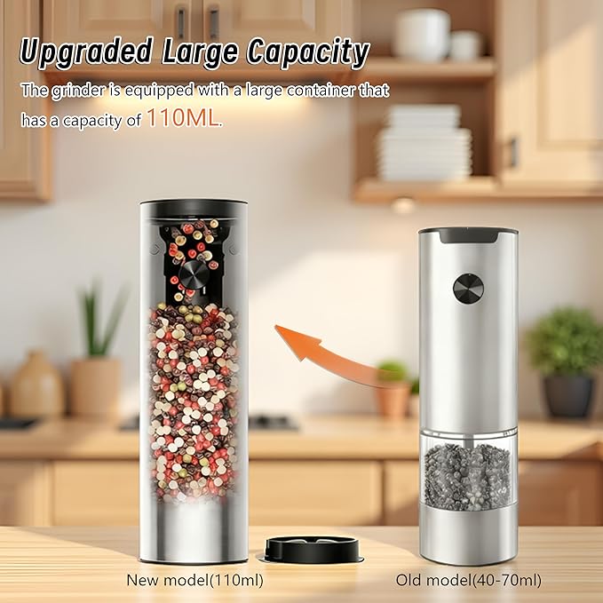 Electric Salt and Pepper Grinder Set,Rechargeable,Adjustable Coarseness,LED Light with Dual Charging Base,110ml Upgraded Large Capacity,Top-Refill,Stainless Steel Automatic Pepper Shakers