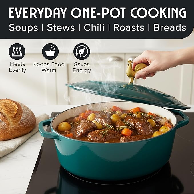MUELLER HOME 5.5 Quart Enameled Cast Iron Oval Dutch Oven with Rooster Knob and Cotton Potholders, Heavy-Duty Cookware, Oven-Safe up to 500째 F & Across All Cooktops, Thanksgiving Essentials, Emerald