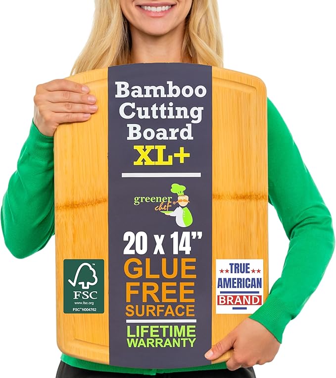 Greener Chef 20 Inch Bamboo Cutting Board Featuring Super-Sized Glue-Free Surface????Heavy Duty Butcher Block for Safe Meal Prep, Chopping & Carving with Lifetime Replacements