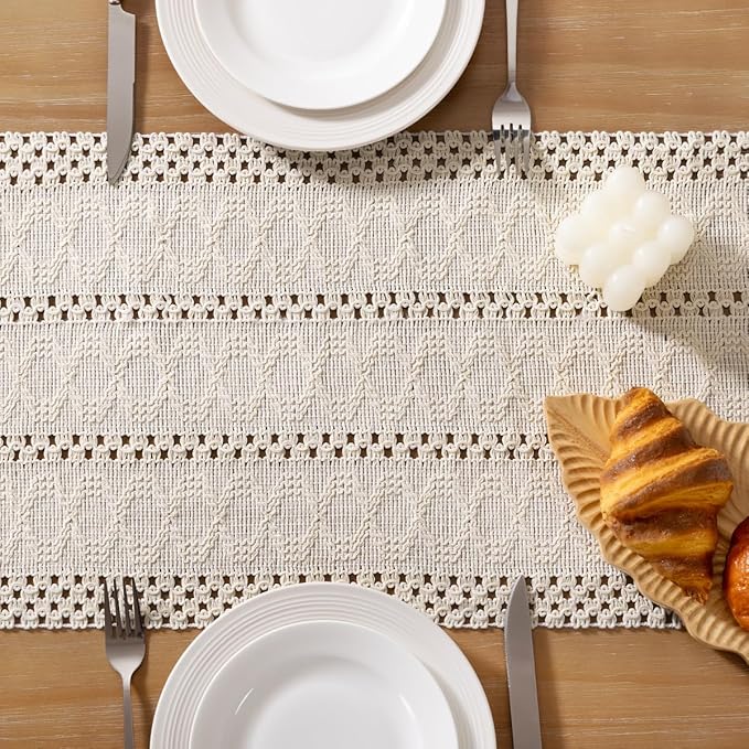 Socomi Boho Table Runner Valentine's Day Farmhouse Rustic Dining Kitchen Centerpiece Decor Small Macrame Woven Cotton Linen Coffee Table Runner for Dresser Scarf Home Decor 12x48 inch Beige