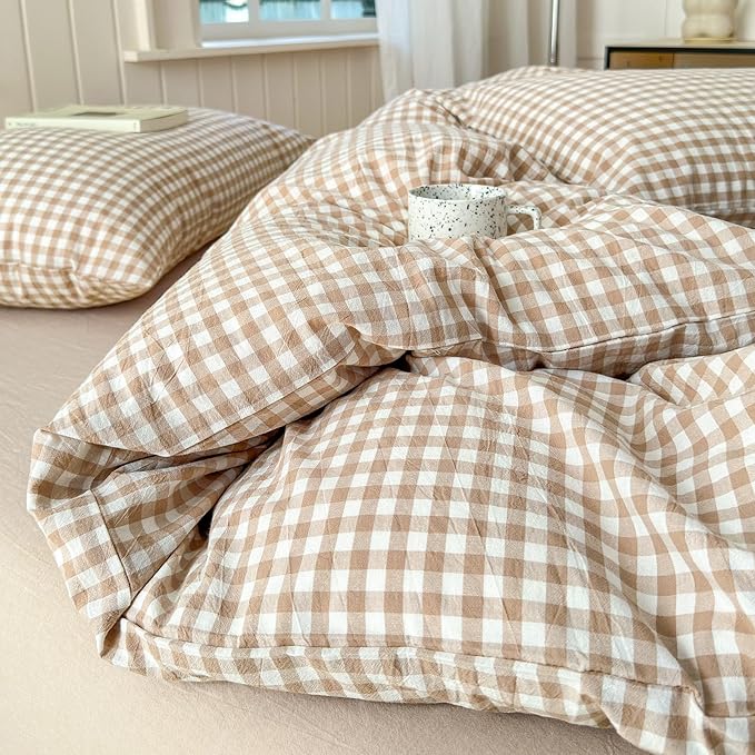 LifeTB Tan Gingham Comforter Set King Modern Style Beige Plaid Comforter Set 3 Pieces Soft Fluffy Grid Checkered Pattern Comforter with 2 Pillowcases Farmhouse Gingham Plaid Bedding Set King