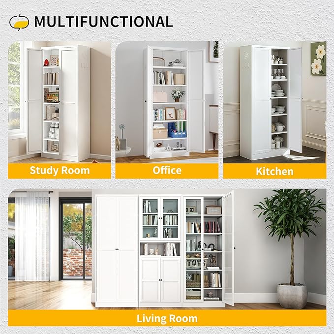 72" Metal Storage Cabinet, Large Capacity Pantry Cabinet with 6-Tier, Kitchen Storage Cabinet with 2 Doors and 5 Adjustable Shelves for Home, Kitchen, Dining, Living Room (White)