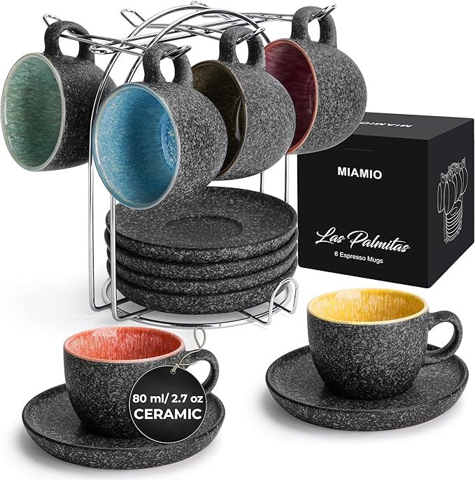 MIAMIO ??2.7 Oz Ceramic Stackable Espresso Cups with Saucers and Metal Stand, Set of 6 Espresso Cup, Demitasse Cups, Coffee Mugs for Espresso, Latte, Caf챕 Mocha & Tea ??Las Palmitas Collection