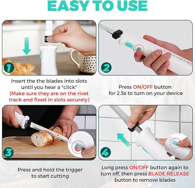 HAUSHOF Cordless Electric Knife Set for Meat Slicing, 8V Electric Carving Knife for Fish, Bread, Turkey, Rechargeable Meat Cutter with Reciprocating Stainless Steel Blades, Safety Lock & Storage Case