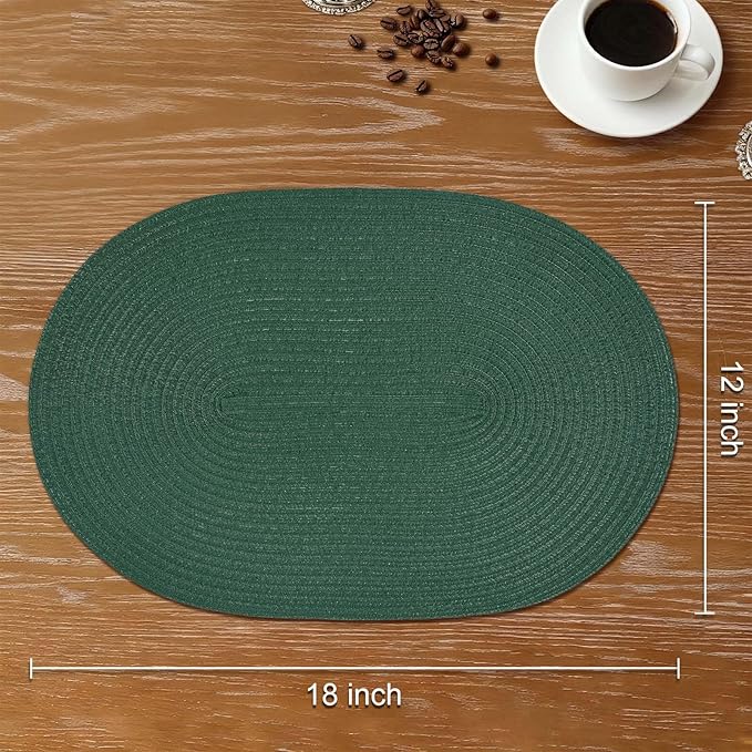 Noctiflorous Oval Braided Placemats Set of 8 Woven 12x18 Inch Non Slip Washable Heat Resistant Place Mats Round Tablemats for Dining Kitchen Party Daily Table Decor Dinner Mats (Solid Forest Green, 8)
