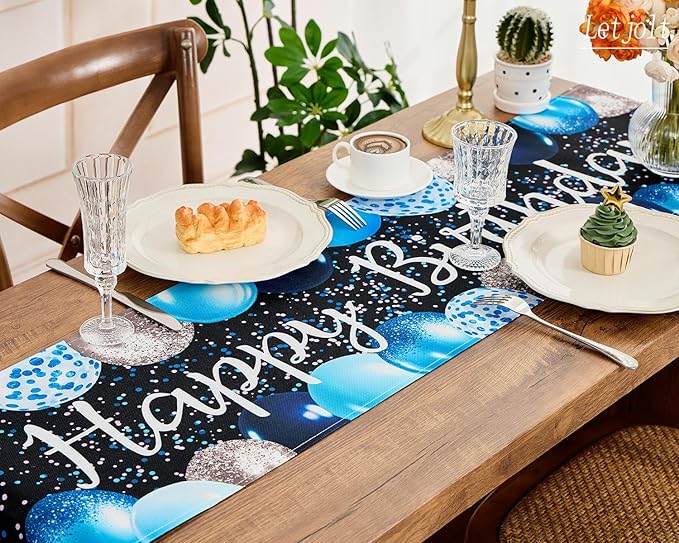 Letjolt Silvery Blue Balloon Happy Birthday Table Runner 72 Inches Celebrate Birthday Party Table Decor