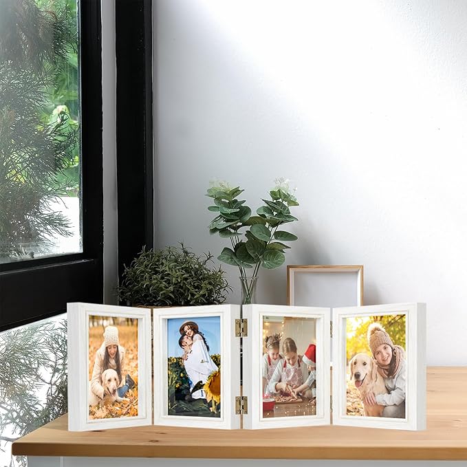 4x6 Four Picture Frame 4 Hinged Photo Frame with 4 Openings, Natural Wood Foldable Photo Frame with High Definition Acrylic for Birthday Father's Day Christmas Gift, Rustic Desk Family Picture Collage, White
