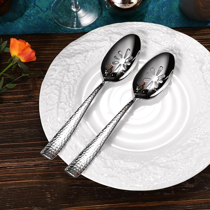 KEAWELL Premium Louis Hammered Serving Utensils, 18/10 Stainless Steel, Squared Edge Design, Mirror Finish, Dishwasher Safe (Slotted Spoons, Set of 2)