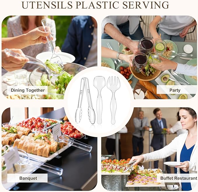 Mwellewm 24Pcs Plastic Serving Utensils 9'' Disposable Serving Spoons for Buffet Clear Forks Serving Tongs Heavy Duty Large Party Utensils Supplies for Restaurant Food Dinner Salad Noodles Soup