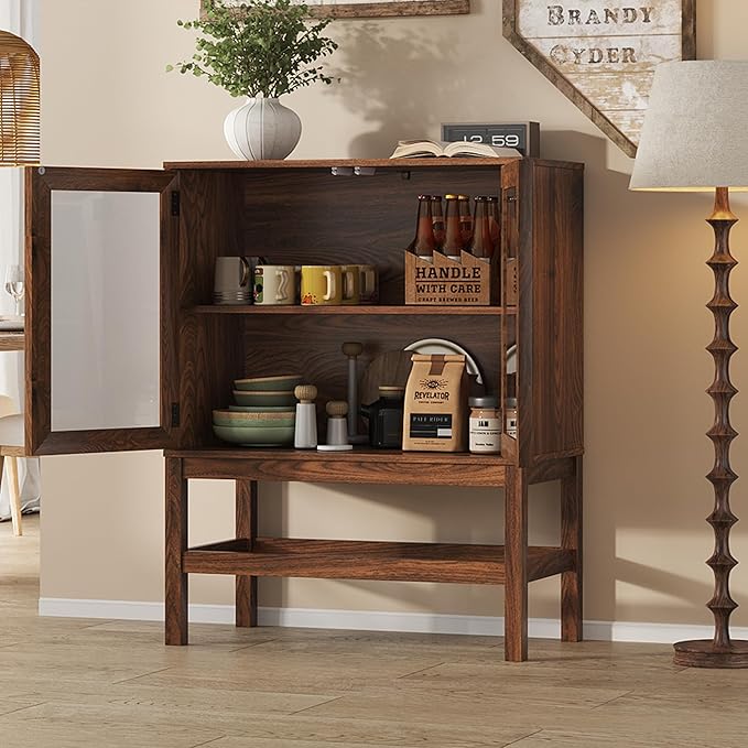 Sideboard Buffet Cabinet with Storage, Small Kitchen Coffee Wine Bar Cabinet with Glass Press-to-Open Doors, Wood Mid Century Modern Side Board Table for Dining Room, Living Room, Walnut