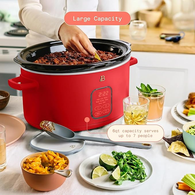Beautiful 6 Quart Programmable Slow Cooker, 5 Cooking Presets, Digital Countdown Timer, Dishwasher Safe Parts by Drew Barrymore (Tomato Red)