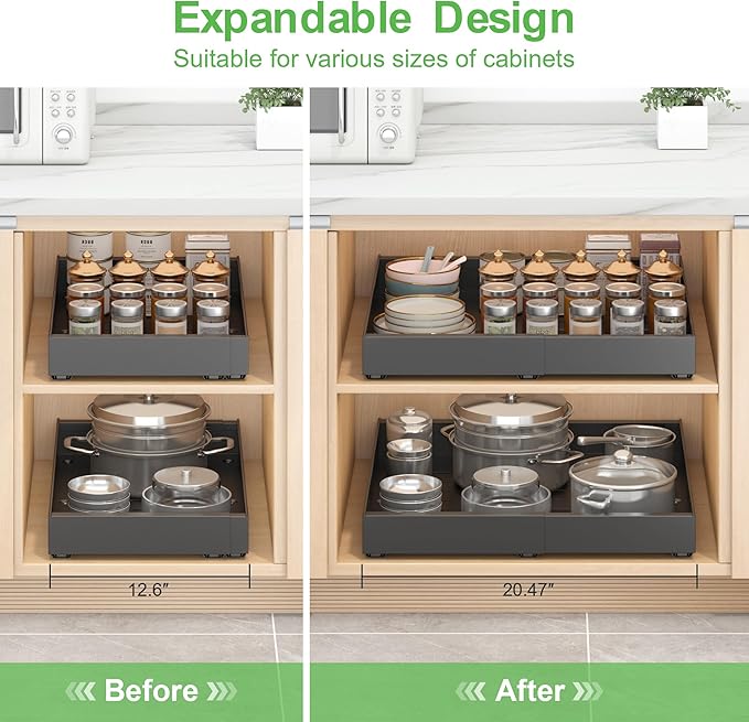 Expandable Pull-Out Cabinet Organizer - Black, 21" D x Adjustable Width 12.6-20.47", No Drill Adhesive Installation with 3-Slide Rails for Kitchen Storage (2 Pack)