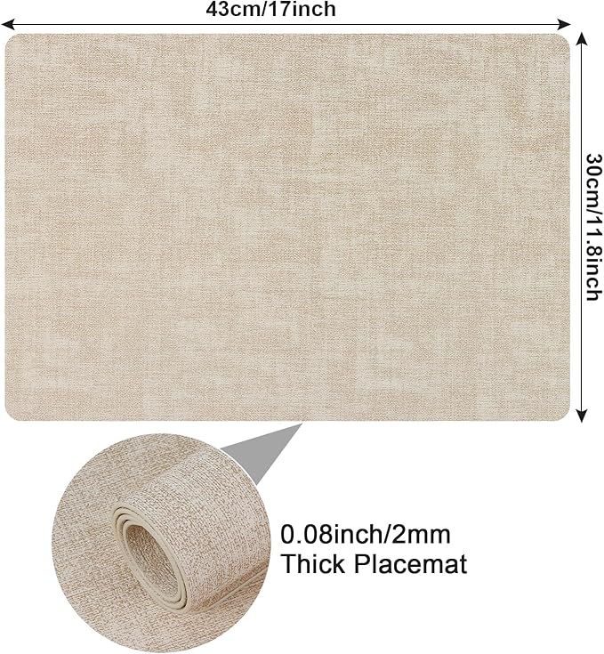 Boobezeen Faux Leather Placemats Set of 6, Heat Resistant Wipeable Washable Vinyl Place Mats, Waterproof Anti-Slip Dining Table Mats, Suitable for Indoor & Outdoor Use (Beige)